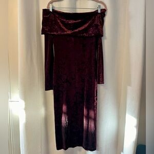 BCBG Burgundy Velvet Midi Off-the-Shoulder Dress Small